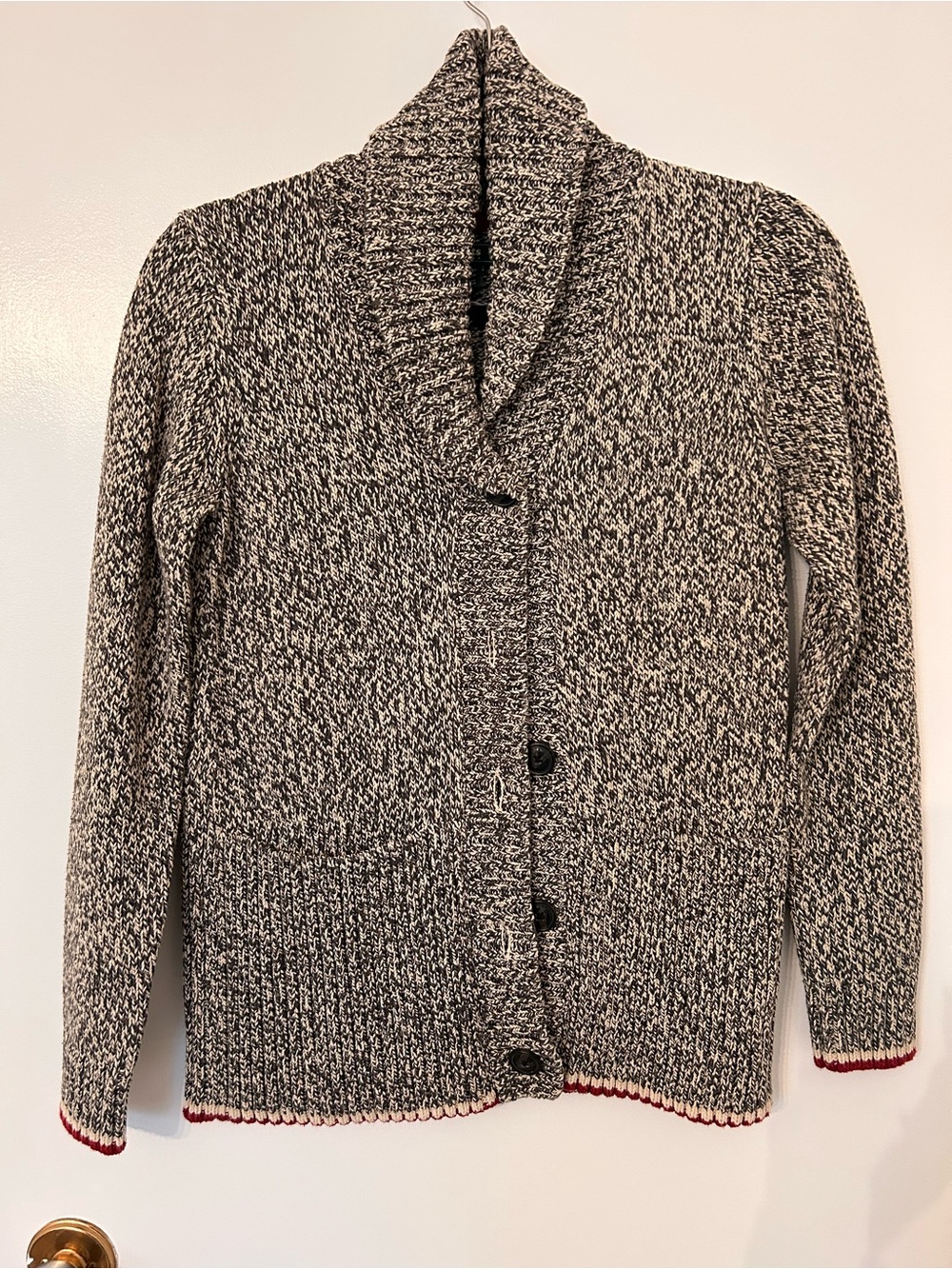 Roots Black & White Marled Shawl-Collar Cardigan with Red Trim
